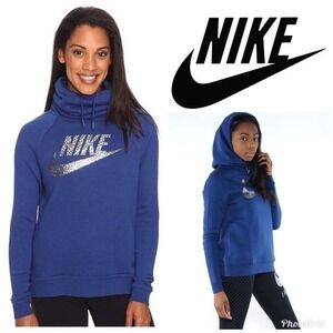 Nike Women's Royal Blue Funnel Neck Hoodie Metallic Logo • Size L
